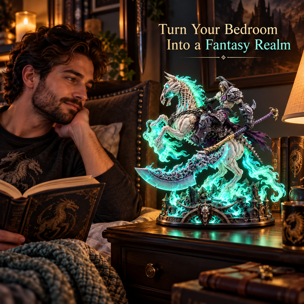 Wraithfire Horseman displayed in dark fantasy bedroom