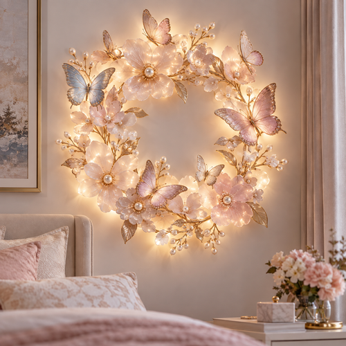 🦋 Butterfly Bloom Halo™ – 3D Floral Butterfly LED Wall Light, Elegant Glowing Wreath Decor for Bedroom & Living Room