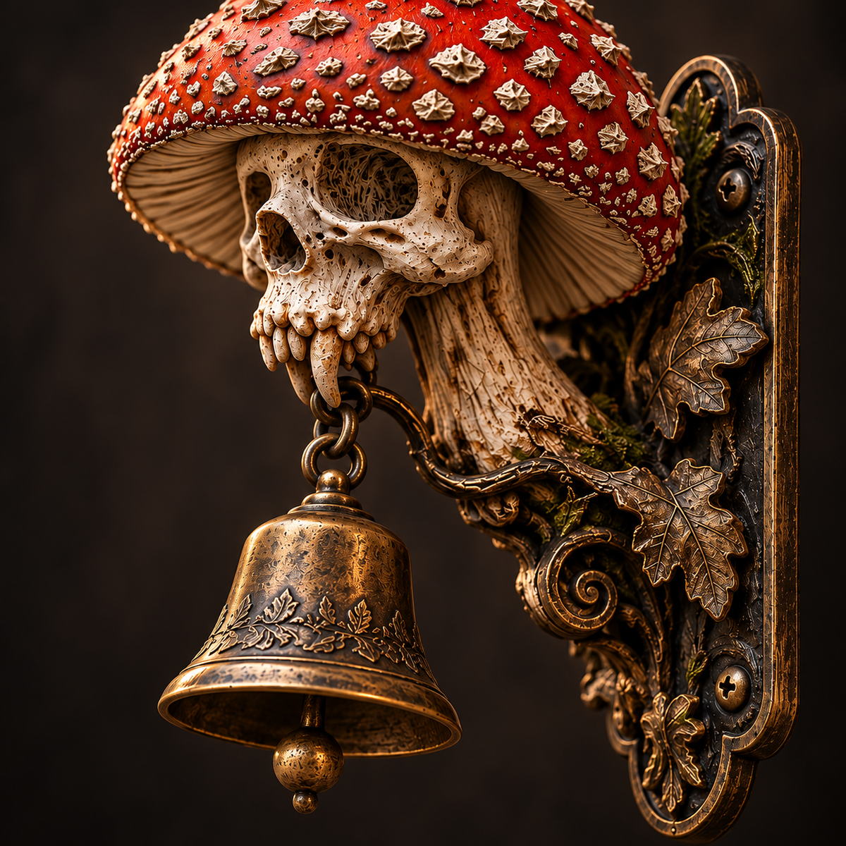 Close up Gothic mushroom skull bell details