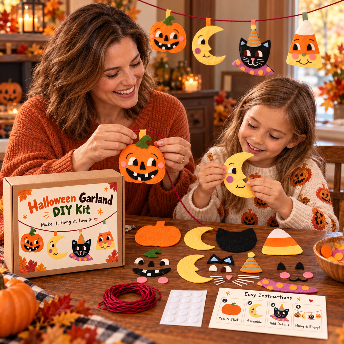 🇺🇸 🎃 Halloween Garland DIY Kit – Cute Felt Craft with Pumpkin, Moon, Black Cat & Candy Corn 🐈‍⬛🌙