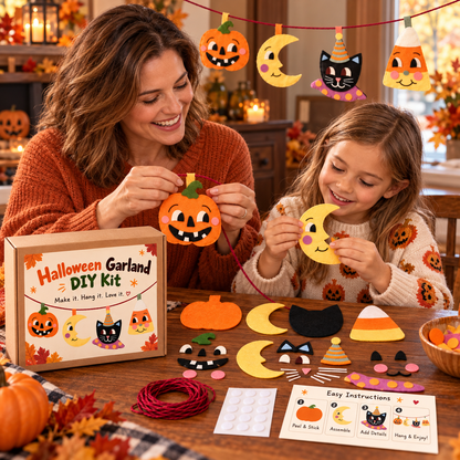 🇺🇸 🎃 Halloween Garland DIY Kit – Cute Felt Craft with Pumpkin, Moon, Black Cat & Candy Corn 🐈‍⬛🌙