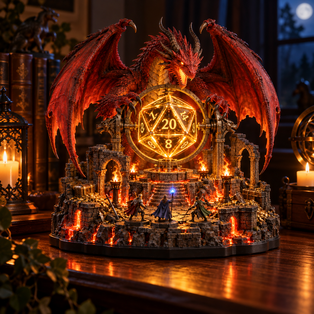 Dragon and D20 fantasy scene glowing warmly on a tabletop at night