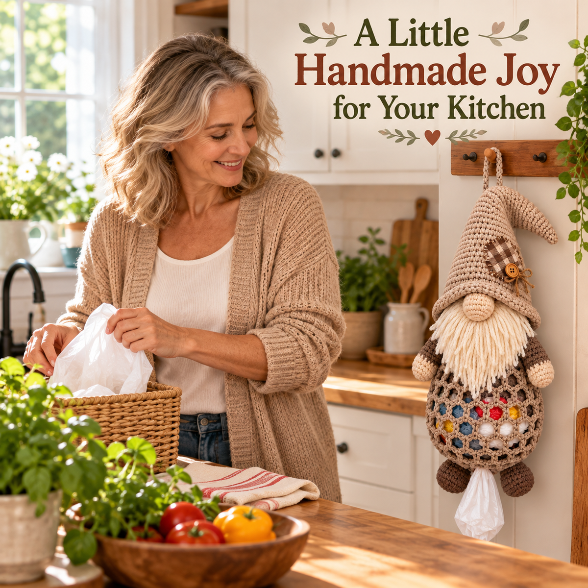 Woman organizing her kitchen with a finished classic country crochet gnome bag holder hanging nearby
