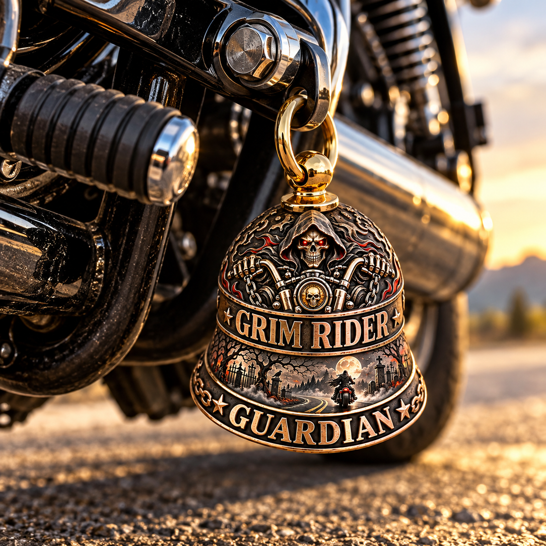 Road Guardian motorcycle bell held by a rider