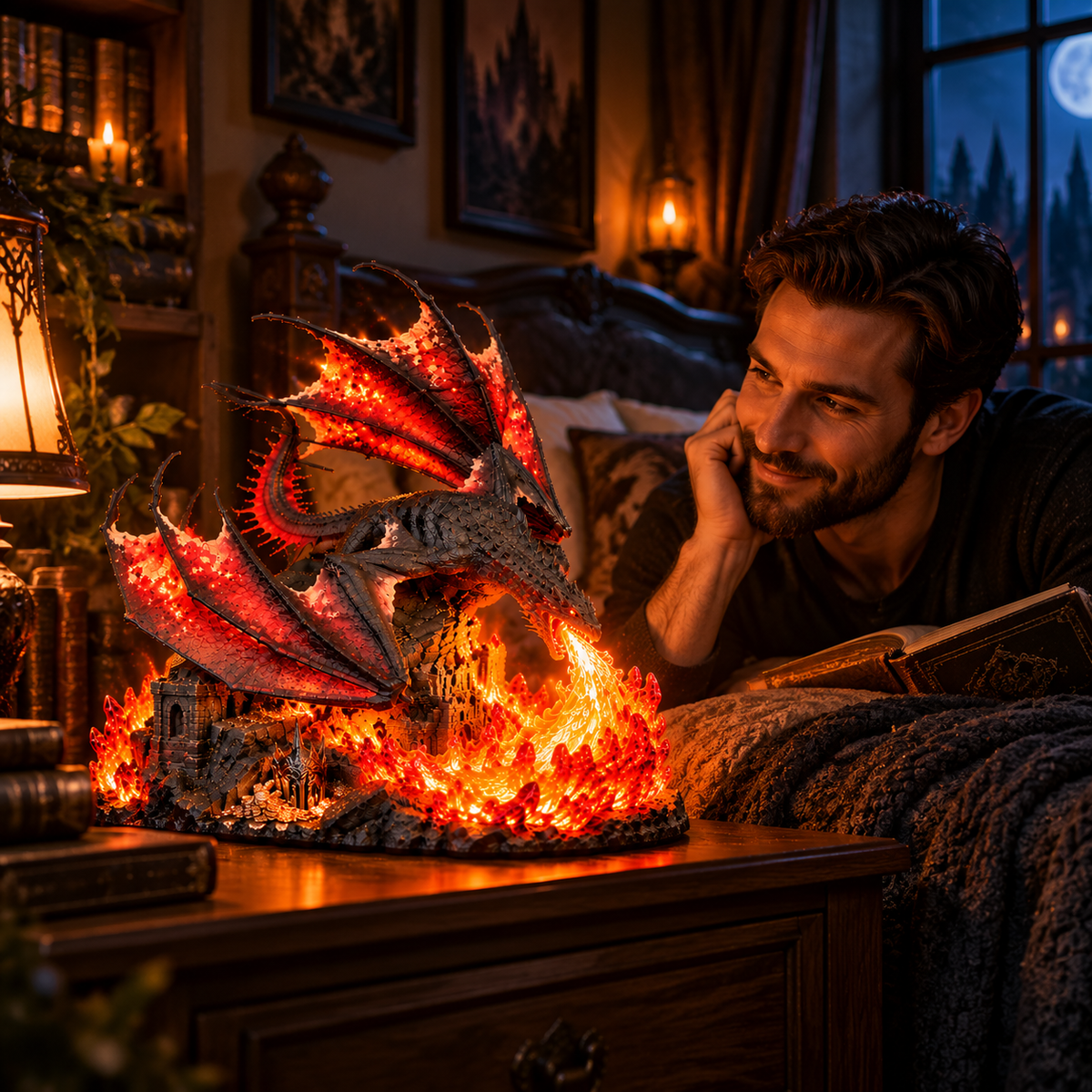 Dragon Realm Guardian lamp displayed beside an adult for scale