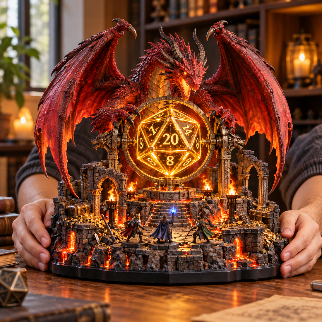 Full dragon D20 diorama shown beside hands for visual scale