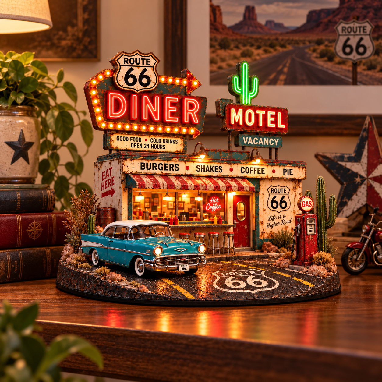 🚗 Route 66 Centennial Neon Diner & Motel™ – Lighted Americana Roadside Collectible