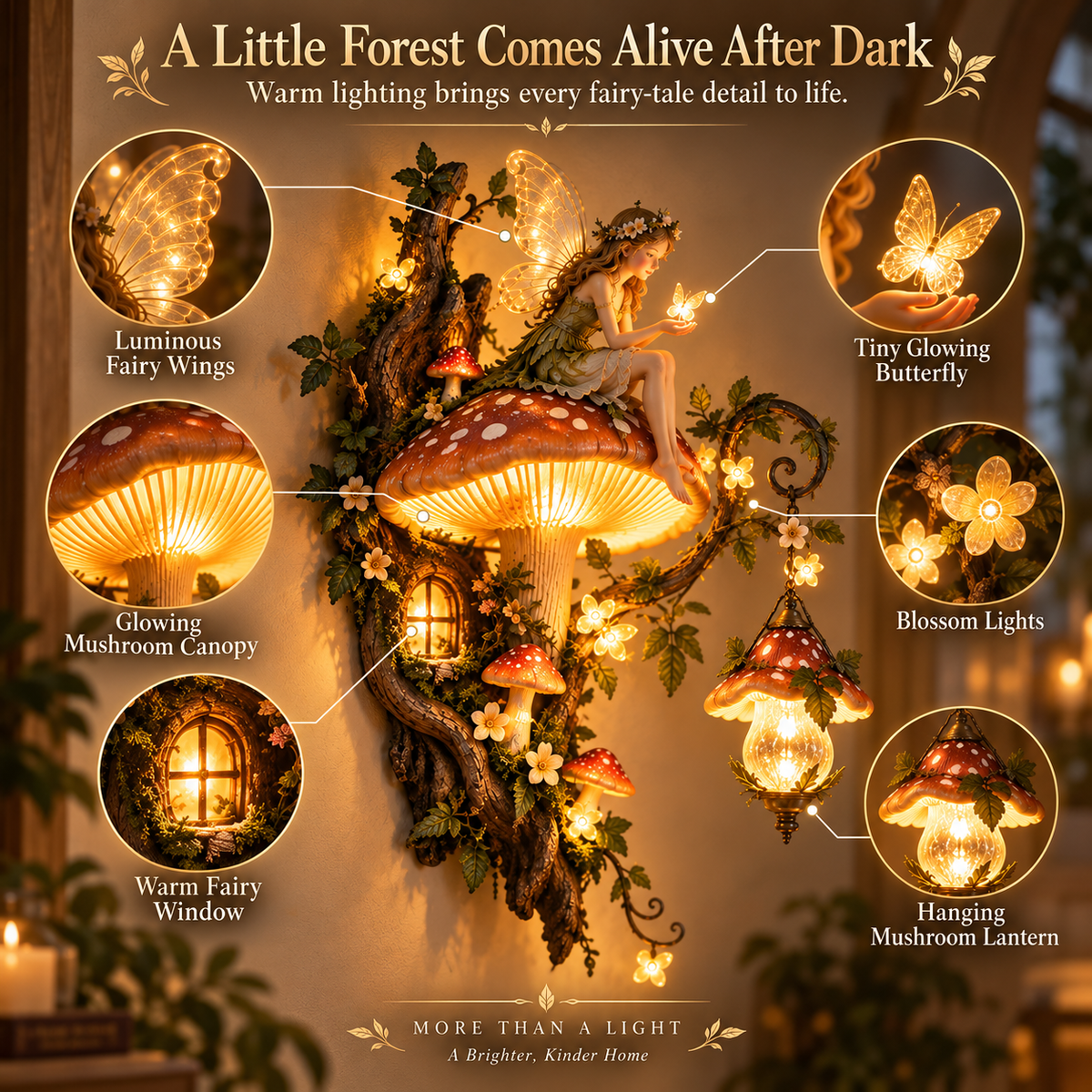 Enchanted Mushroom Fairy Wall Light glowing details