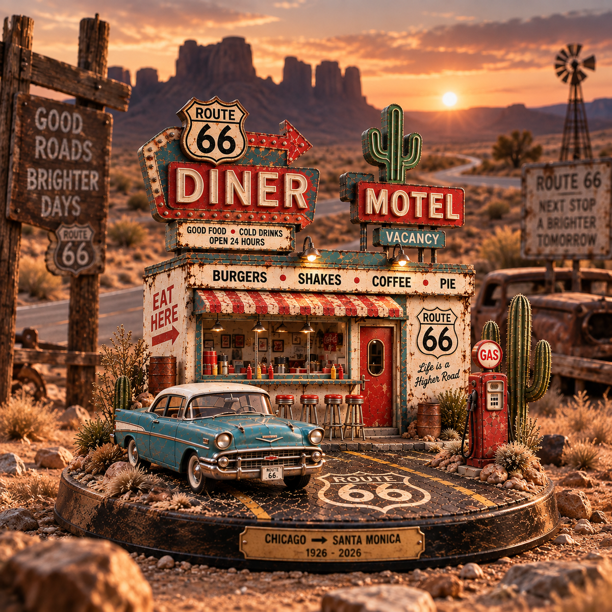 🚗 Route 66 Centennial Neon Diner & Motel™ – Lighted Americana Roadside Collectible