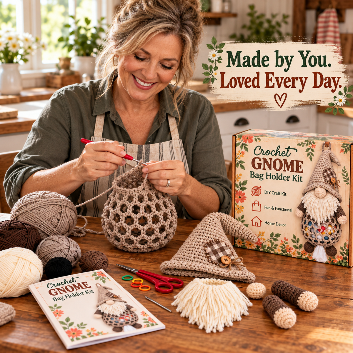 Woman crocheting the body of a gnome bag holder with project pieces and reference kit beside her