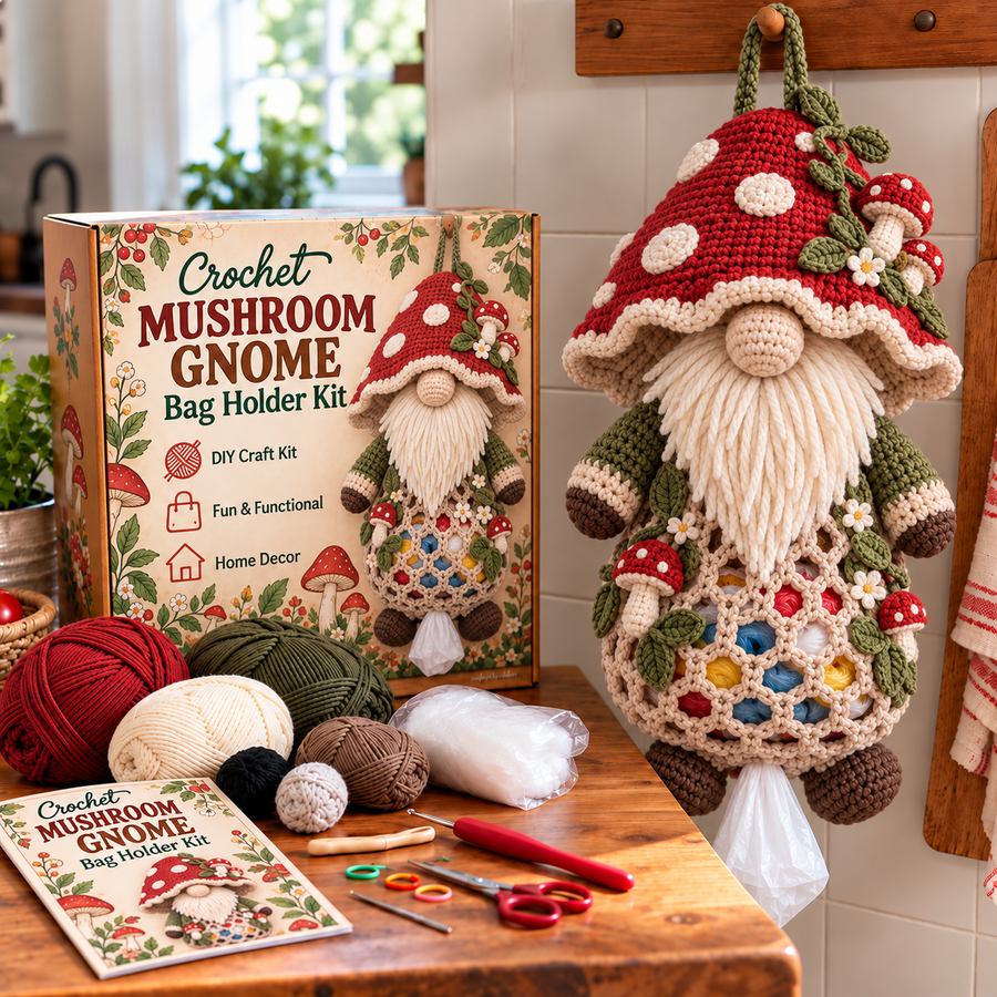 Mushroom Gnome DIY crochet bag holder kit