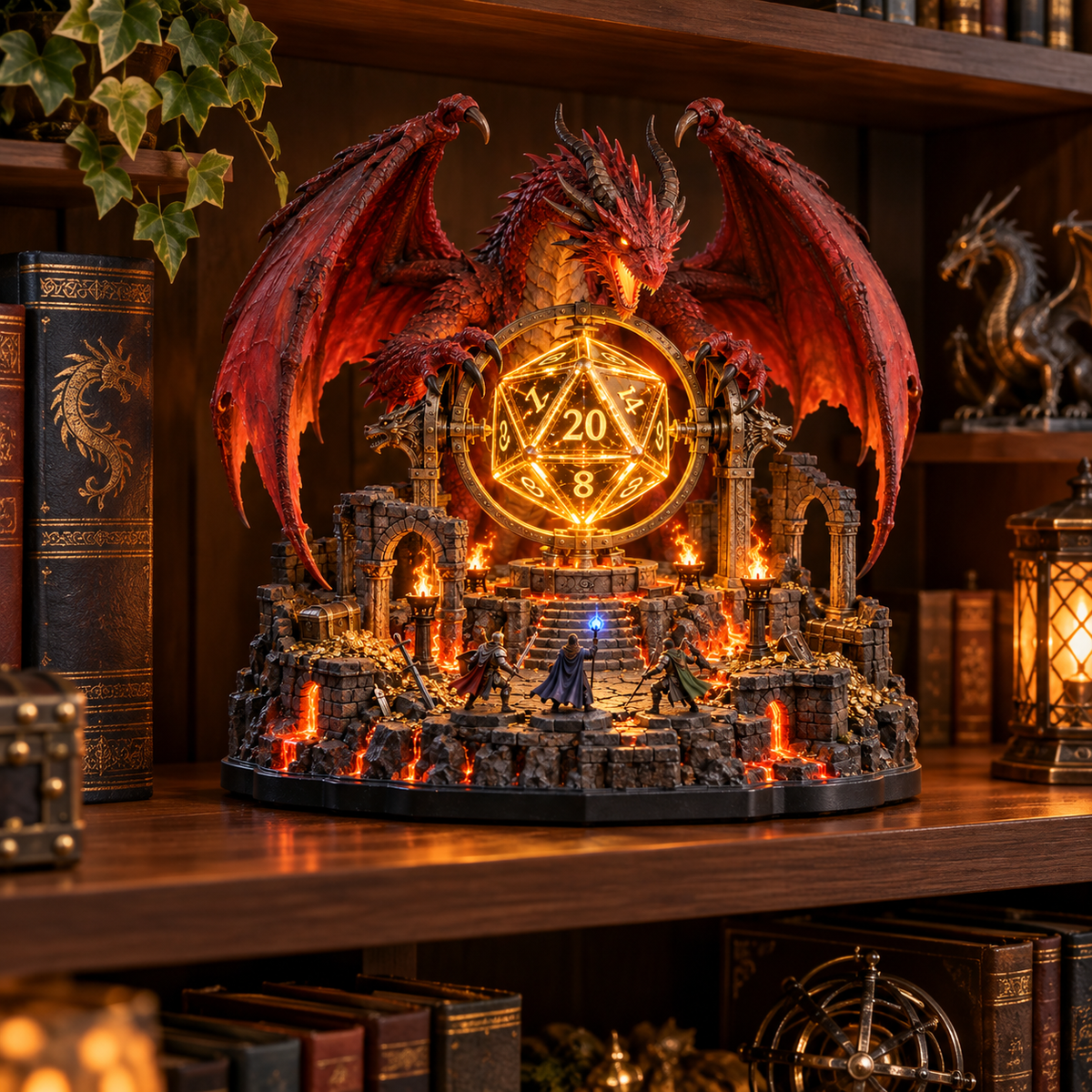 Dragon and glowing D20 diorama displayed on a wooden bookshelf among fantasy books