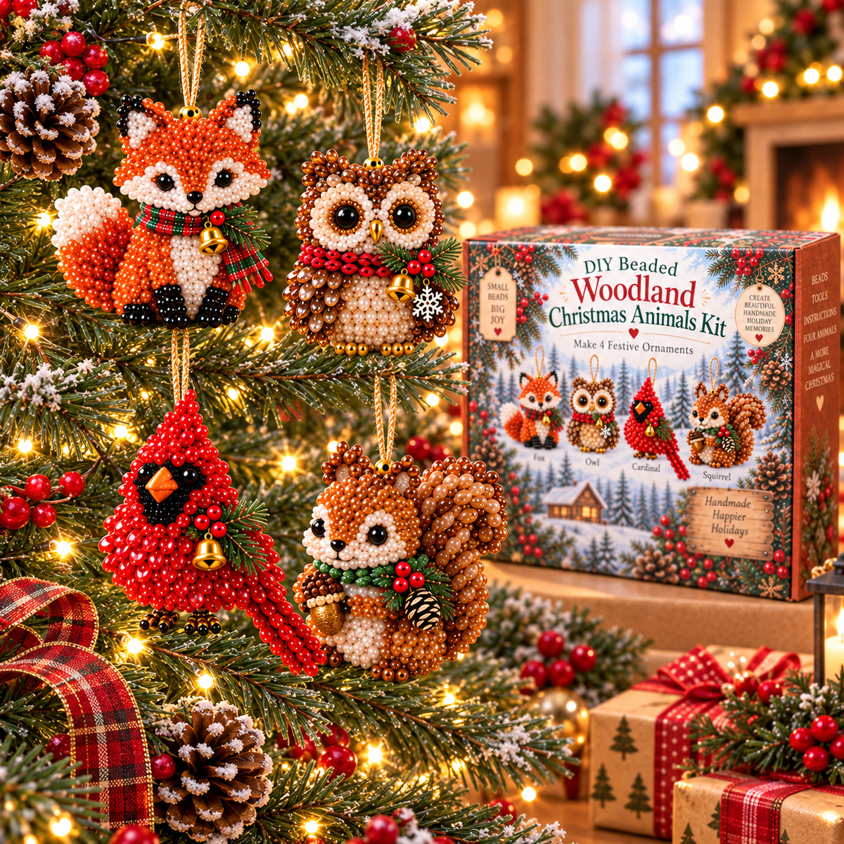 Finished beaded woodland animals hanging on Christmas tree