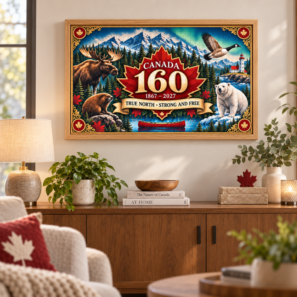 Canada 160 completed puzzle displayed on wall