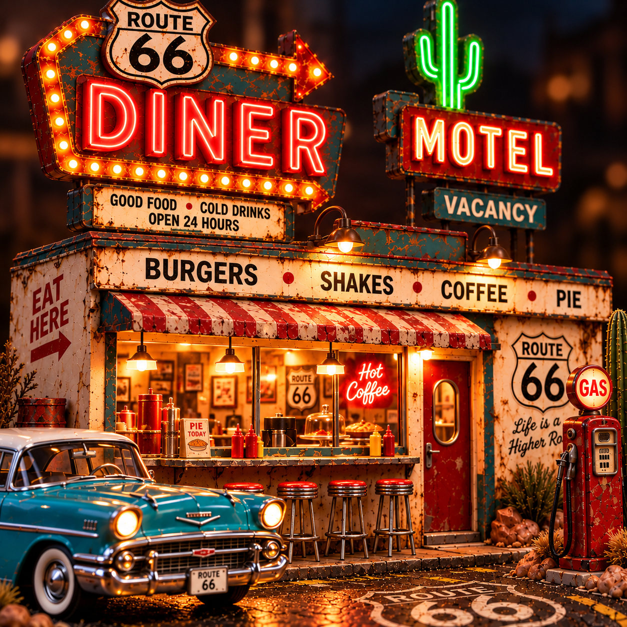 🚗 Route 66 Centennial Neon Diner & Motel™ – Lighted Americana Roadside Collectible