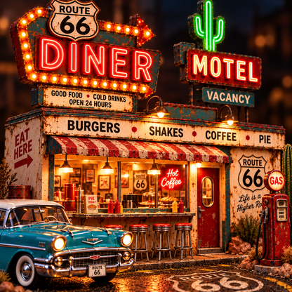 🚗 Route 66 Centennial Neon Diner & Motel™ – Lighted Americana Roadside Collectible
