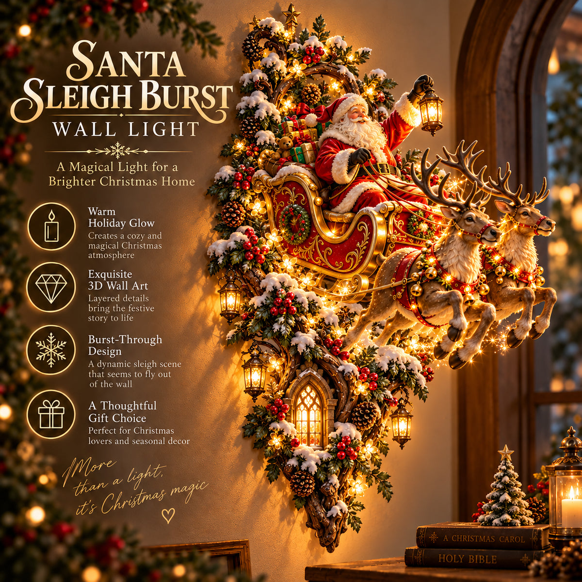 🎅🦌✨ Santa Sleigh Burst Lighted Wall Sculpture | 3D Christmas Wall Light, Reindeer Holiday Décor & Magical Christmas Display