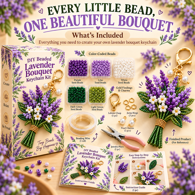 Lavender DIY beaded bouquet kit with purple lavender sprigs