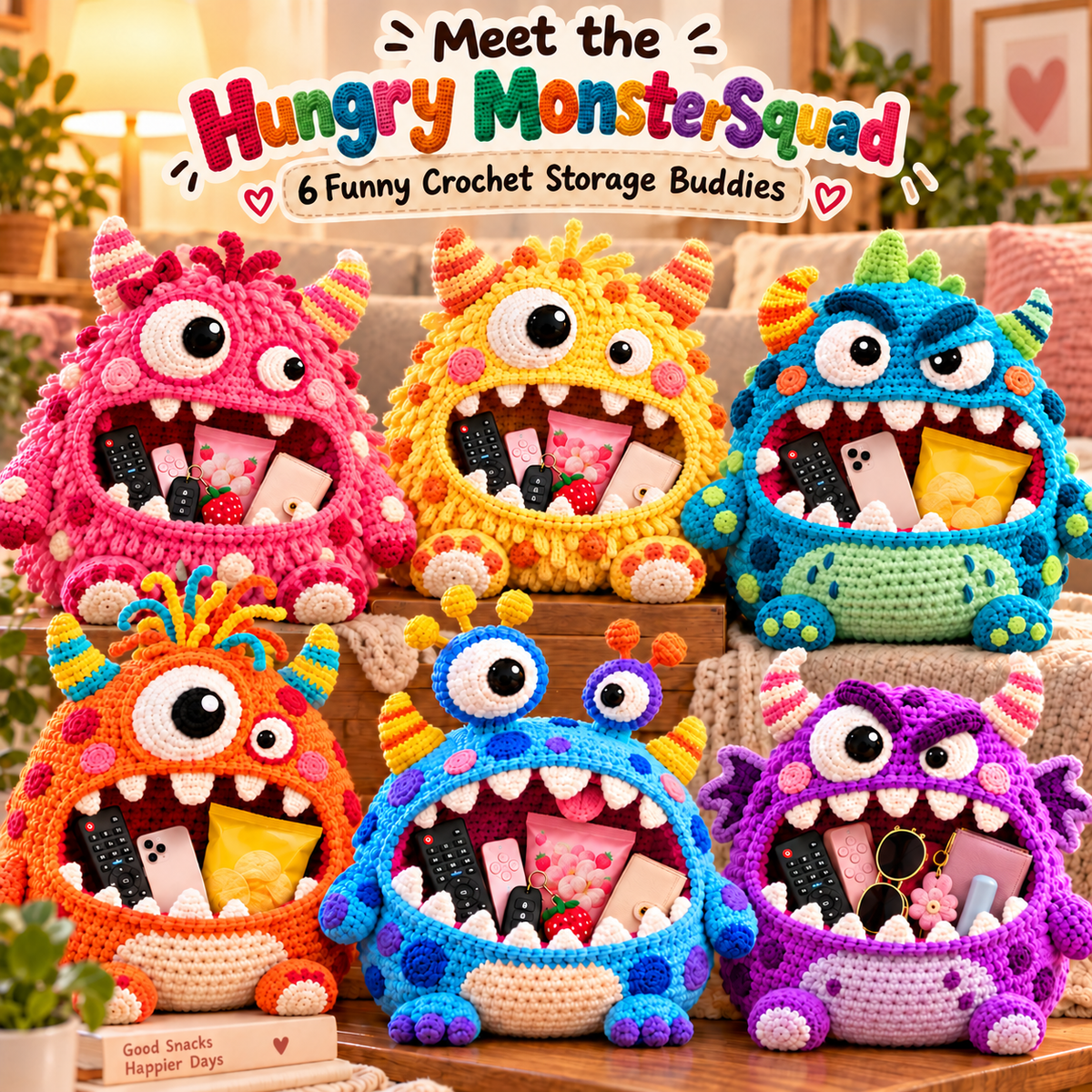 Six colorful Hungry Monster crochet storage buddies