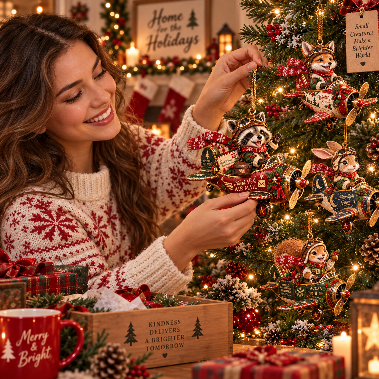 Woman decorating Christmas tree with animal airplane ornaments