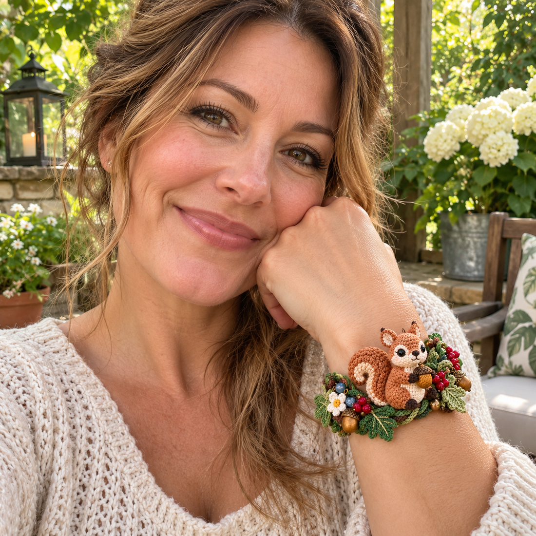 Woman wearing Acorn Squirrel woodland bracelet