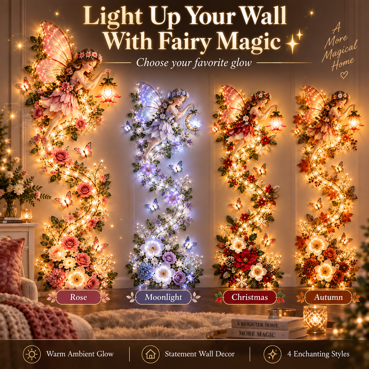 🧚✨ Enchanted Fairy Glow Wall Light™ – A Magical Floral Light Trail for Your Home 🌸💡