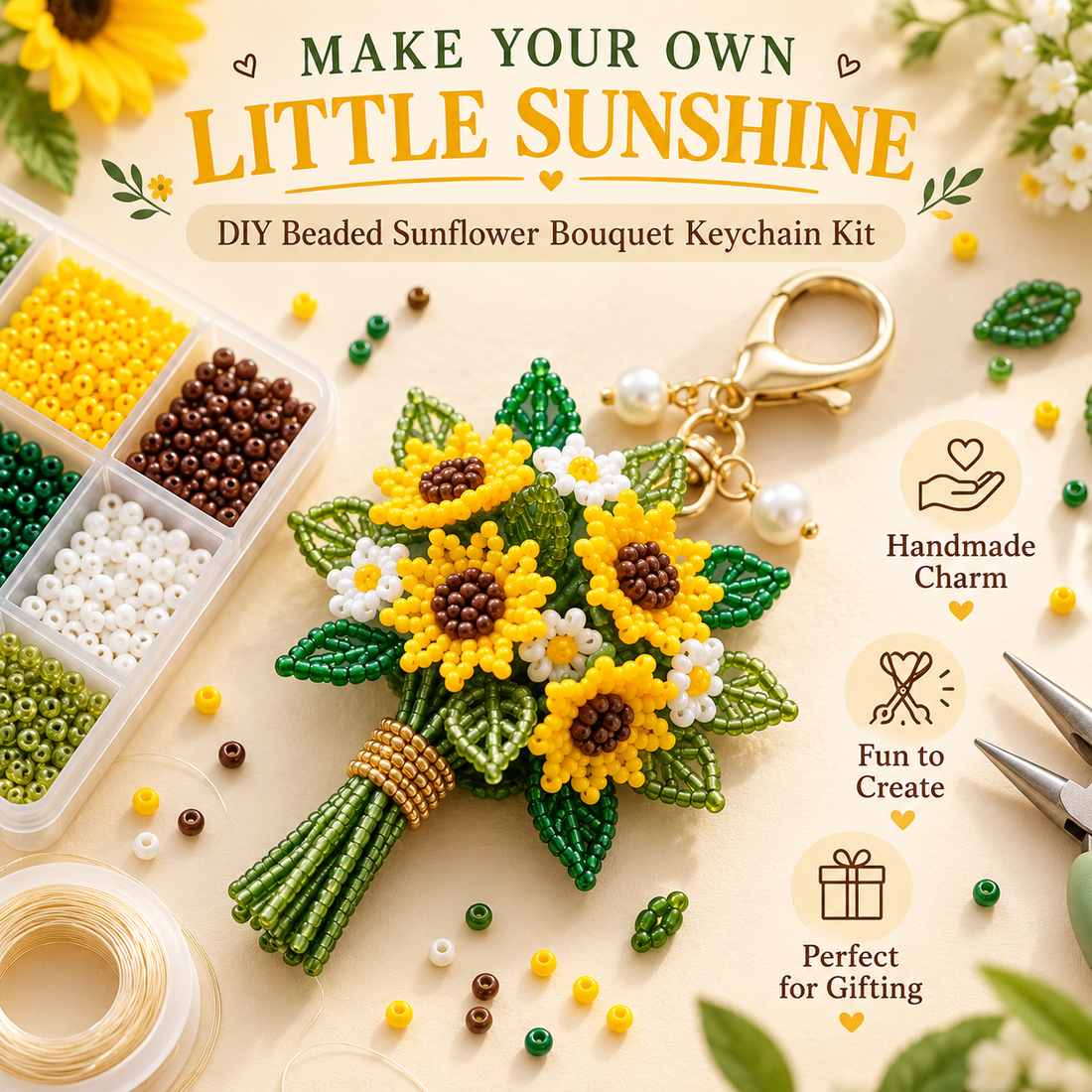 Sunflower beaded bouquet DIY kit cover showing yellow beads, wire, tools and finished floral charm