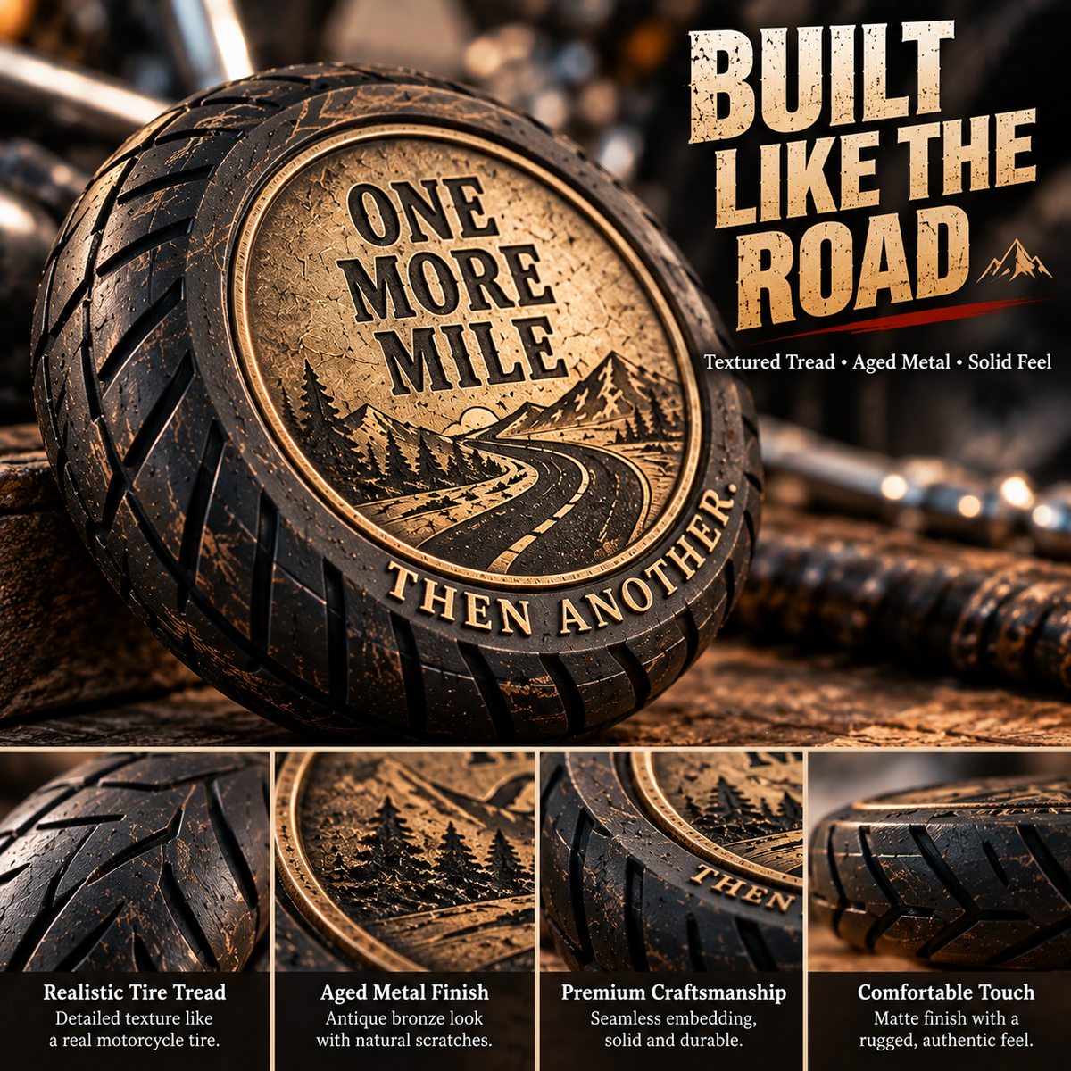 Close-up details of the One More Mile rider pocket hug tire tread and antique finish