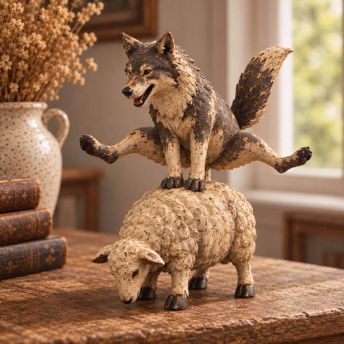 🐺🐑 Funny Wolf Riding Sheep Figurine | Rustic Farmhouse Animal Statue, Whimsical Tabletop Décor & Gag Gift
