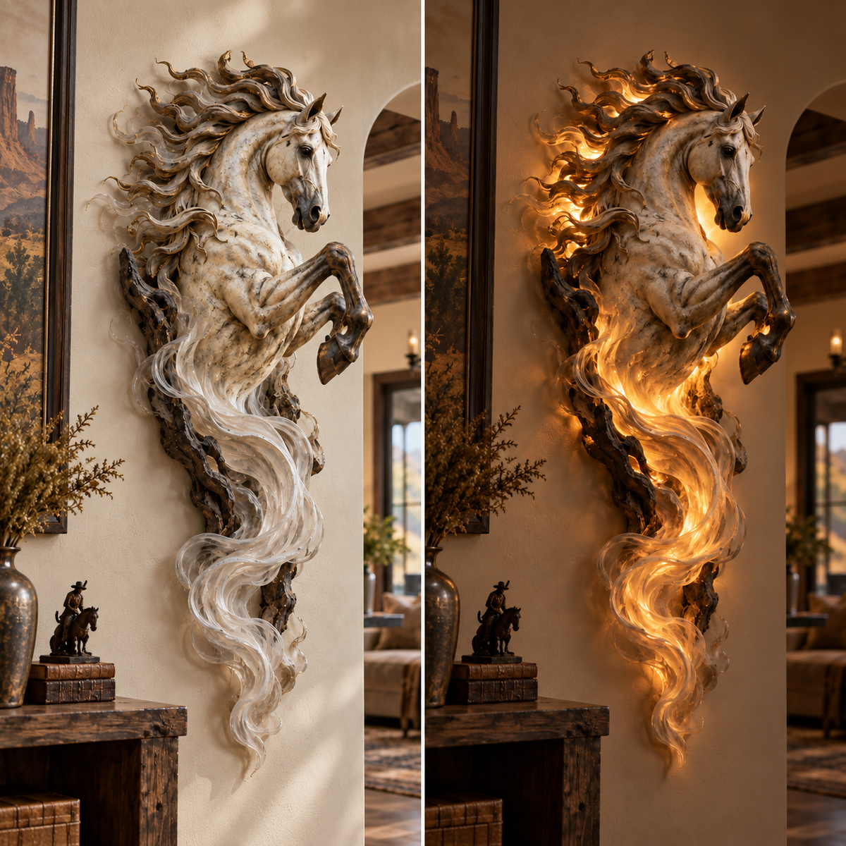 Celestial Flame Unicorn wall sculpture day and night