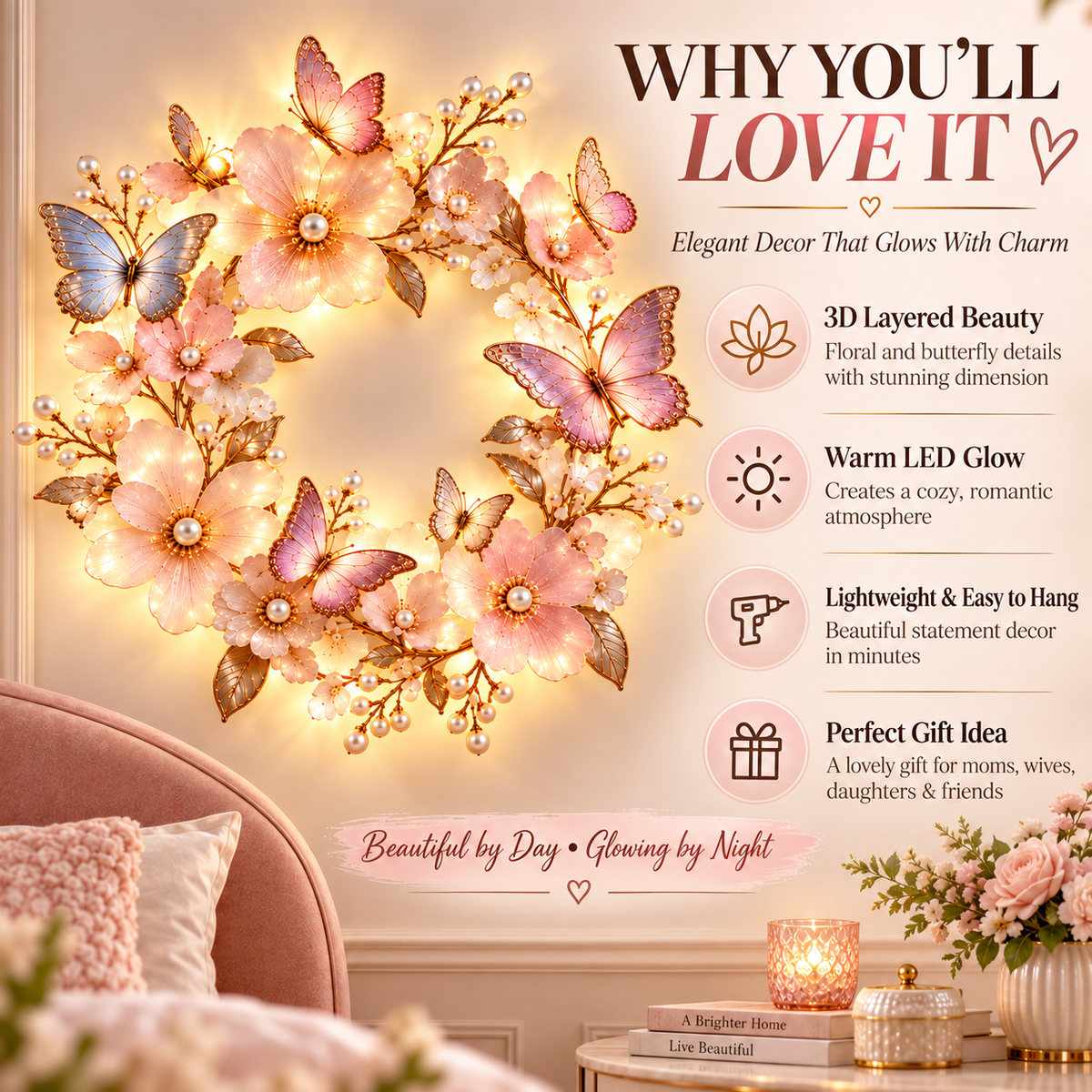 🦋 Butterfly Bloom Halo™ – 3D Floral Butterfly LED Wall Light, Elegant Glowing Wreath Decor for Bedroom & Living Room