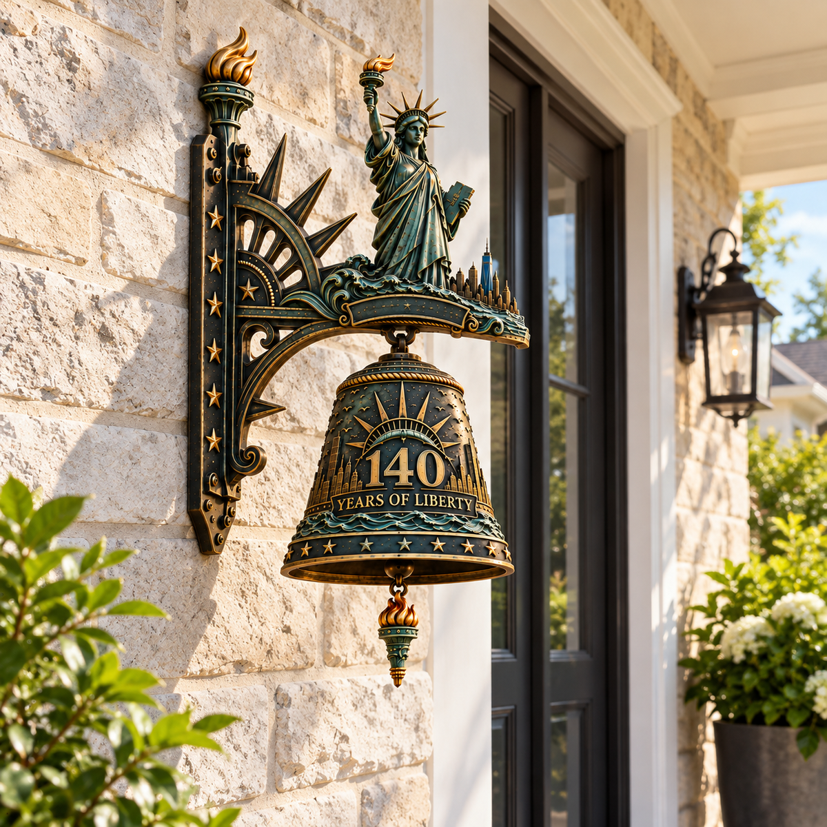 Liberty 140 commemorative wall bell installed near an entryway