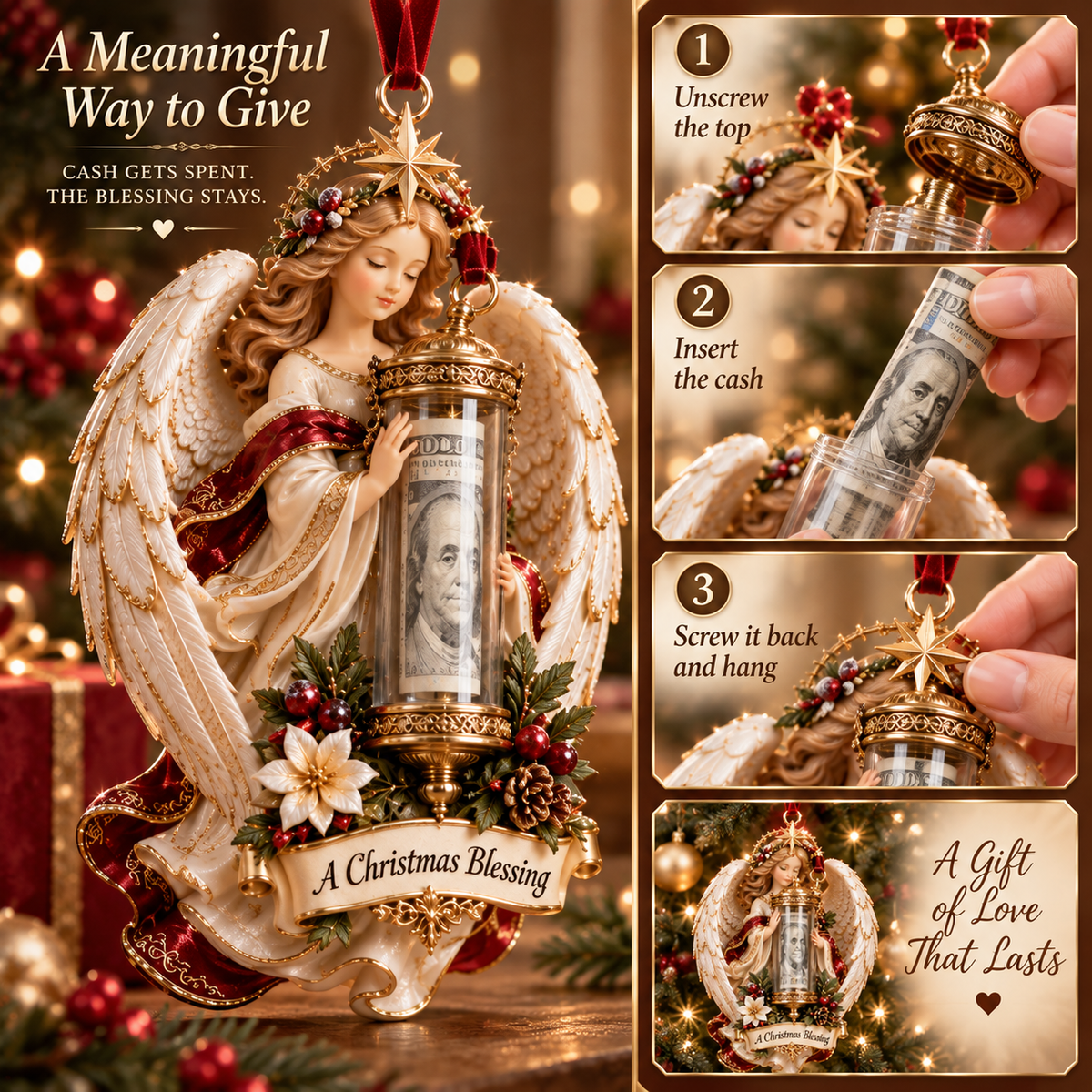 How to put cash inside The Christmas Blessing Scroll ornament