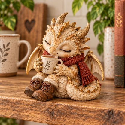 ☕🐉 Cozy Coffee Dragon Figurine – Sleepy Fantasy Desk & Shelf Decor