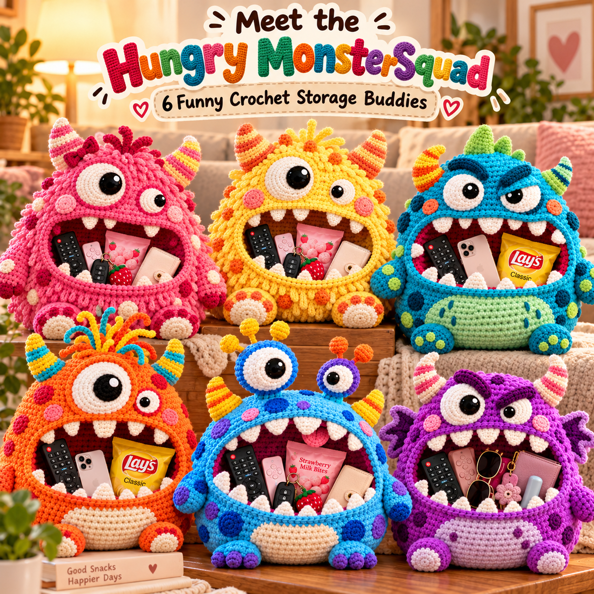 Six Clutter Munchers crochet storage monsters