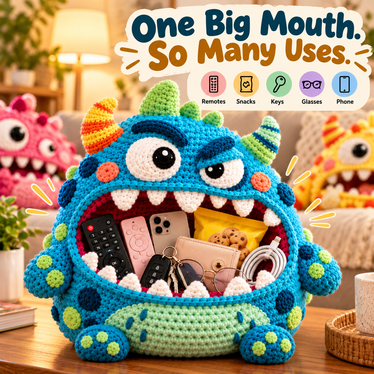 Monster crochet organizer holding daily essentials