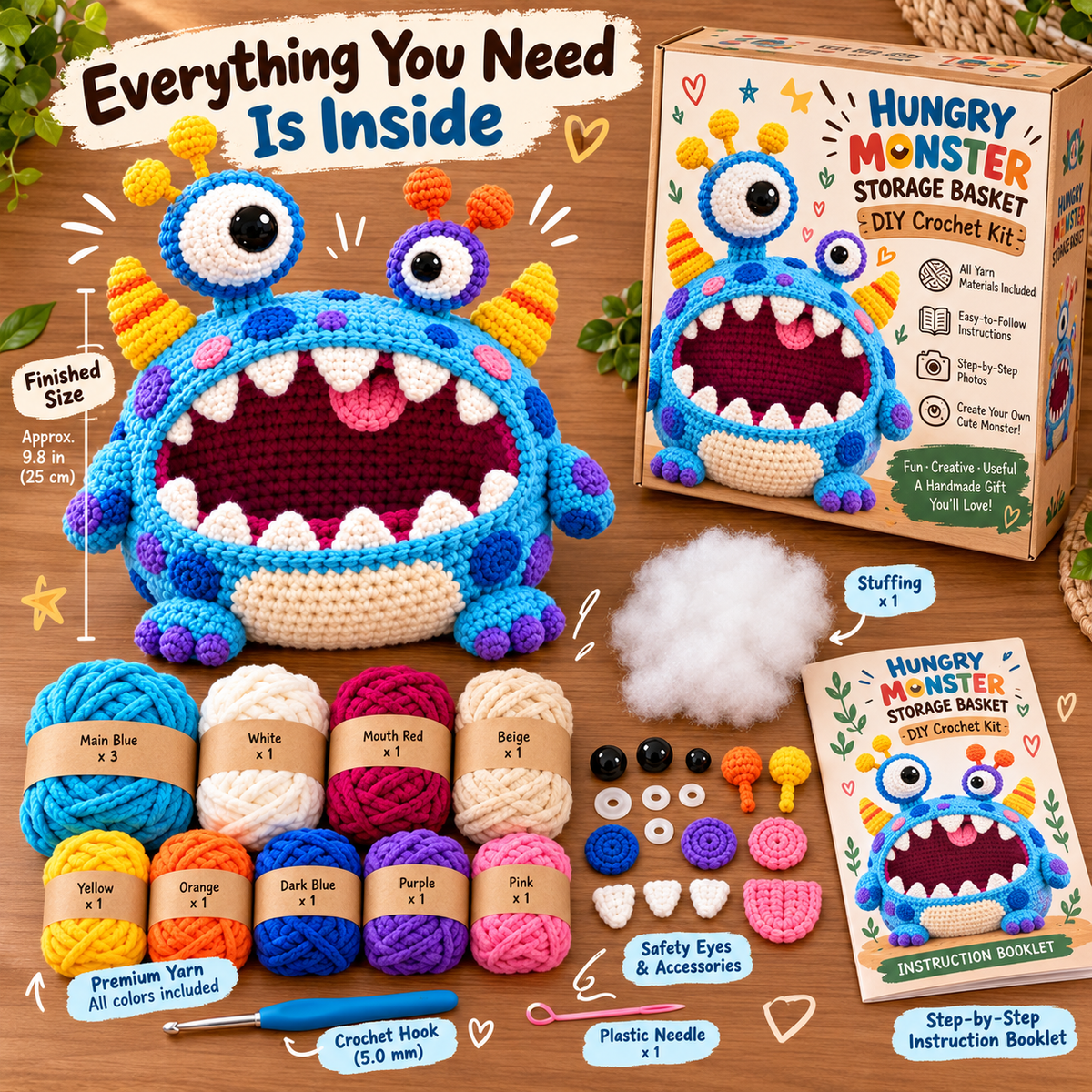 DIY crochet monster kit contents