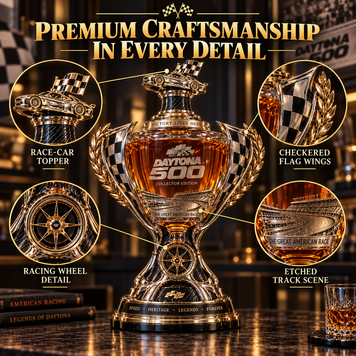 Detailed racing trophy decanter design