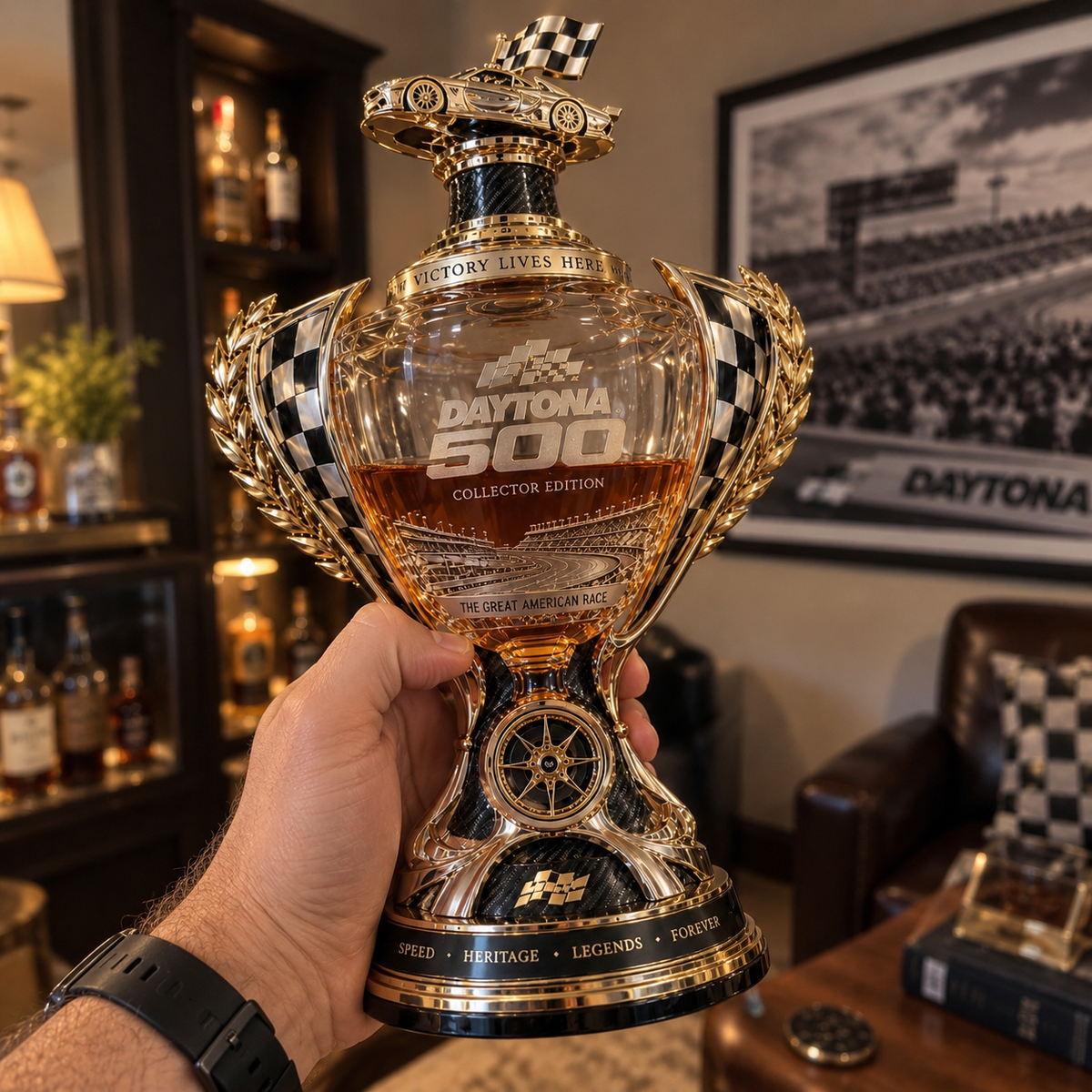 Racing decanter held in hand