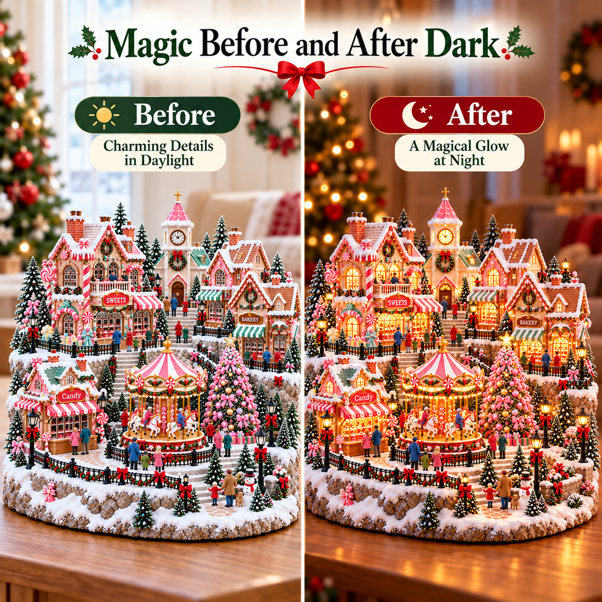 Close-up of the candy-pink carousel, festive shops and decorated pink Christmas tree