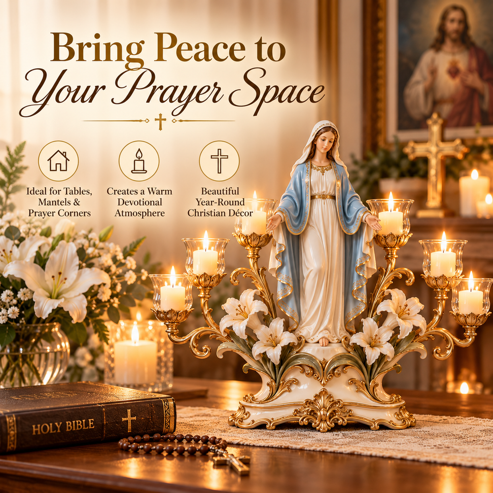 Blessed Mary sacred candleholder display in a prayer space