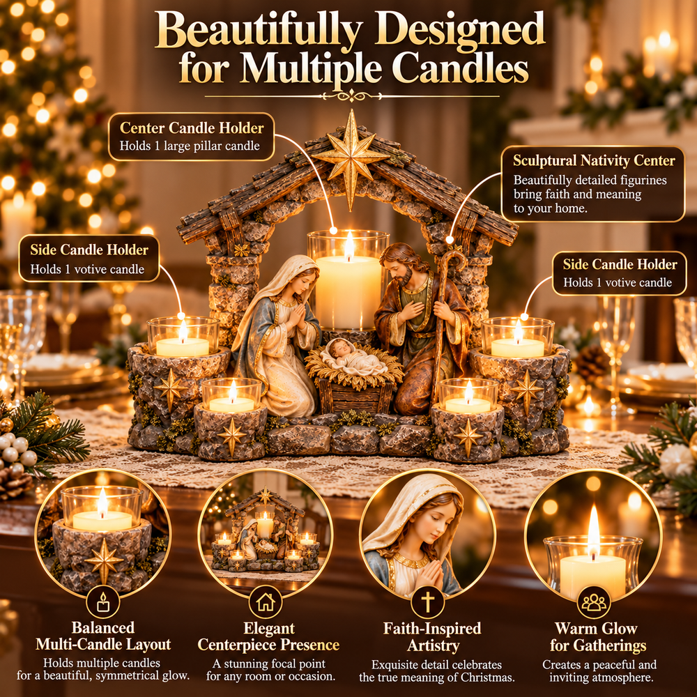 Holy Nativity Christian candleholder with Mary Joseph and the Christ Child