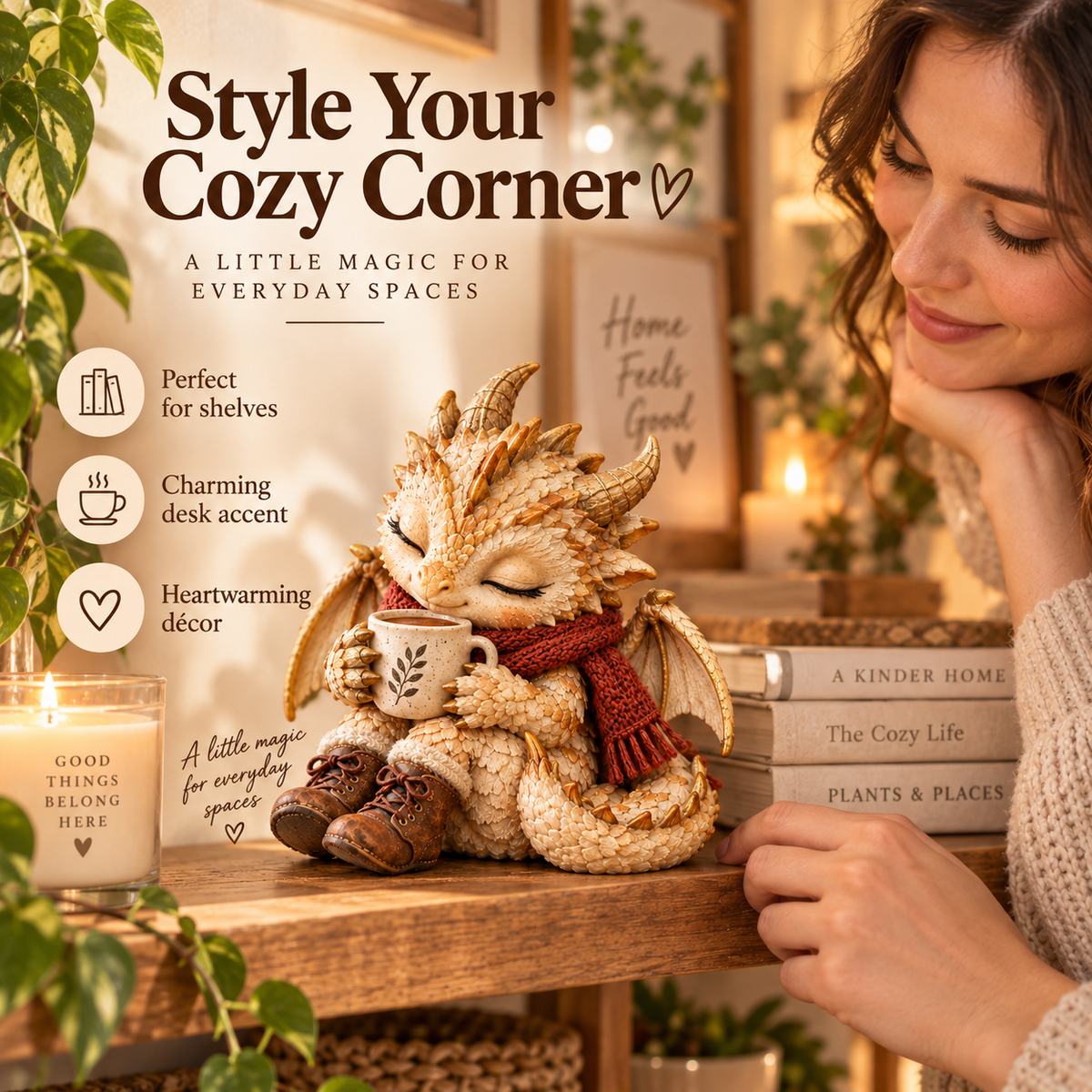 ☕🐉 Cozy Coffee Dragon Figurine – Sleepy Fantasy Desk & Shelf Decor