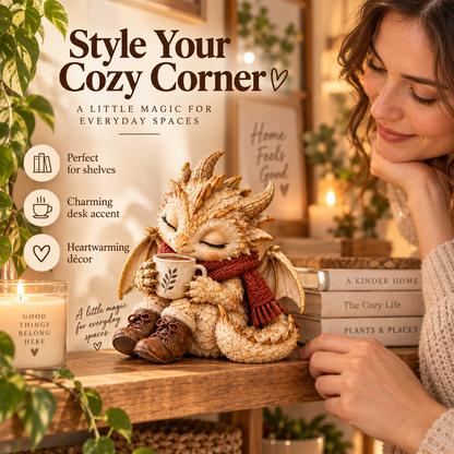 ☕🐉 Cozy Coffee Dragon Figurine – Sleepy Fantasy Desk & Shelf Decor