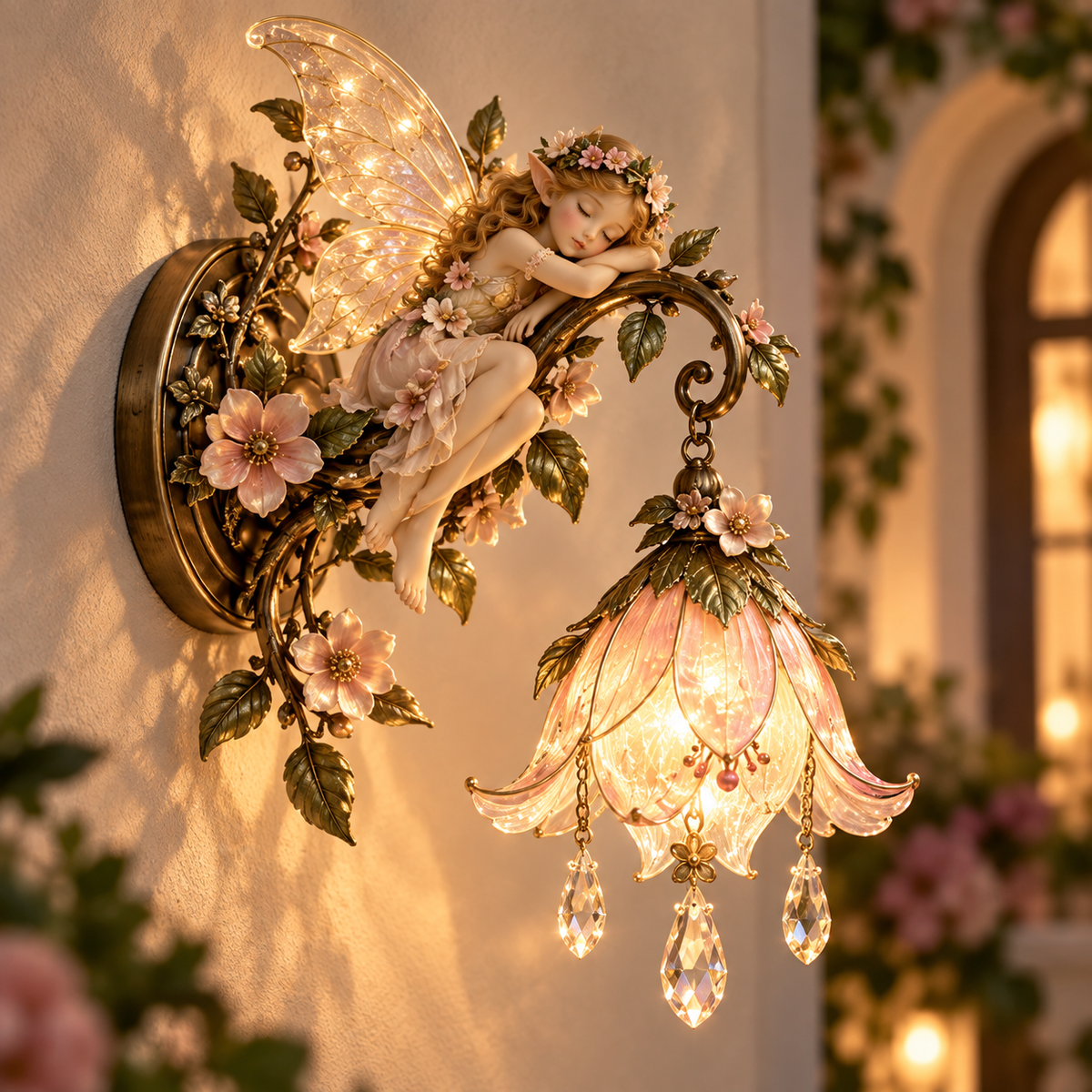 Sleeping fairy flower wall light