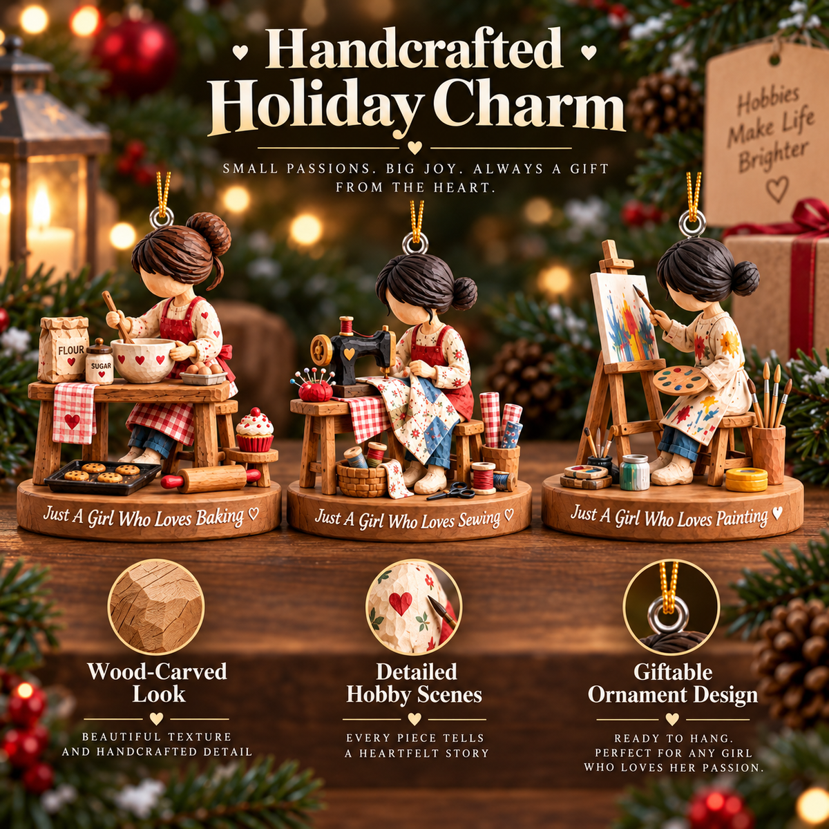 Hobby Christmas Ornament for Her – Painting, Baking, Knitting & Music Collection