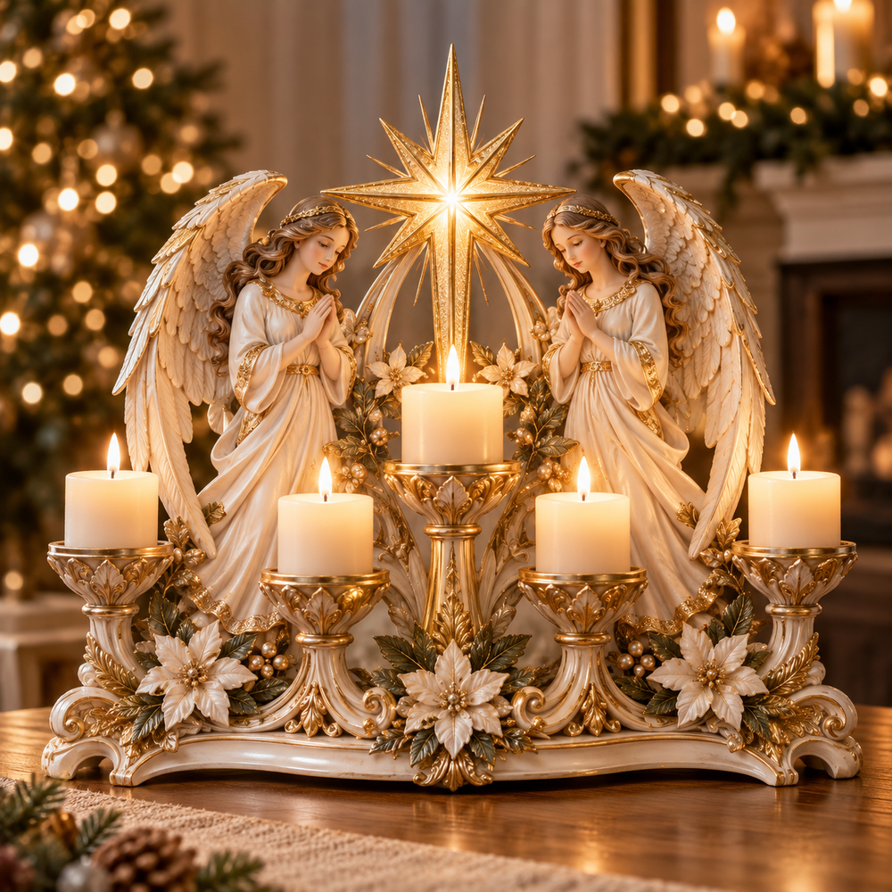 Sacred Christian candleholder with angels and glowing candles