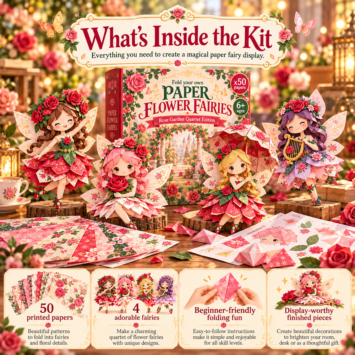 🧚DIY Paper Flower Fairies Craft Kit – 4 Foldable Fairies, 6 Garden Themes 🌸