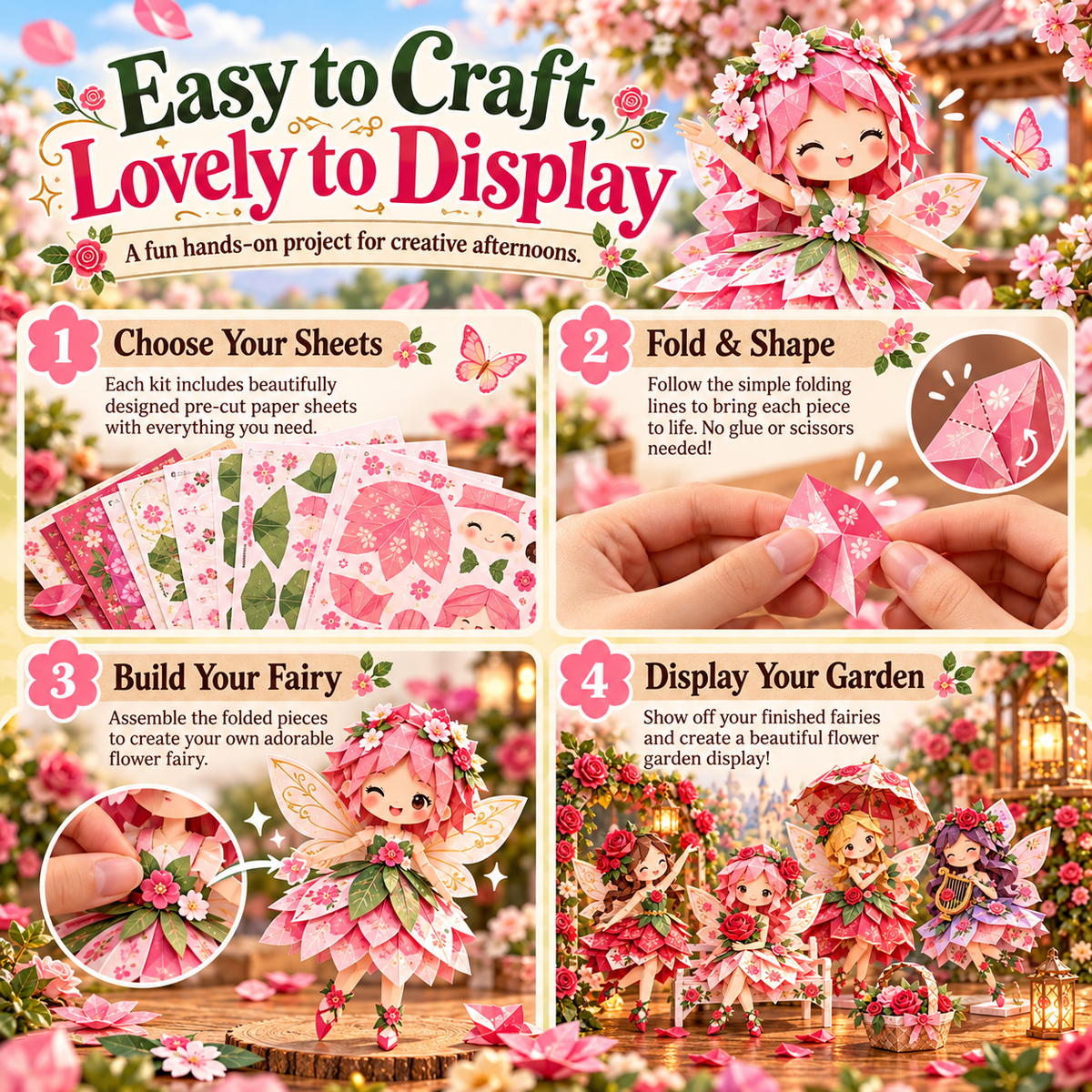 🧚DIY Paper Flower Fairies Craft Kit – 4 Foldable Fairies, 6 Garden Themes 🌸