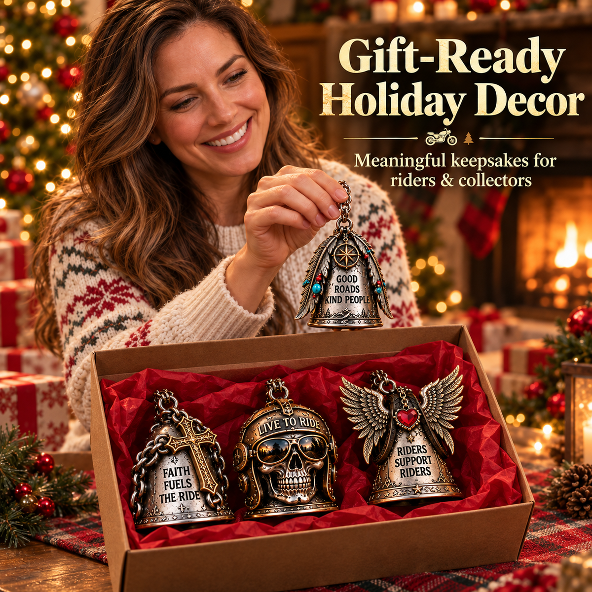 🏍️ Ride Safe Biker Christmas Bell Ornaments – Rider Spirit Holiday Decor 🔔🎄